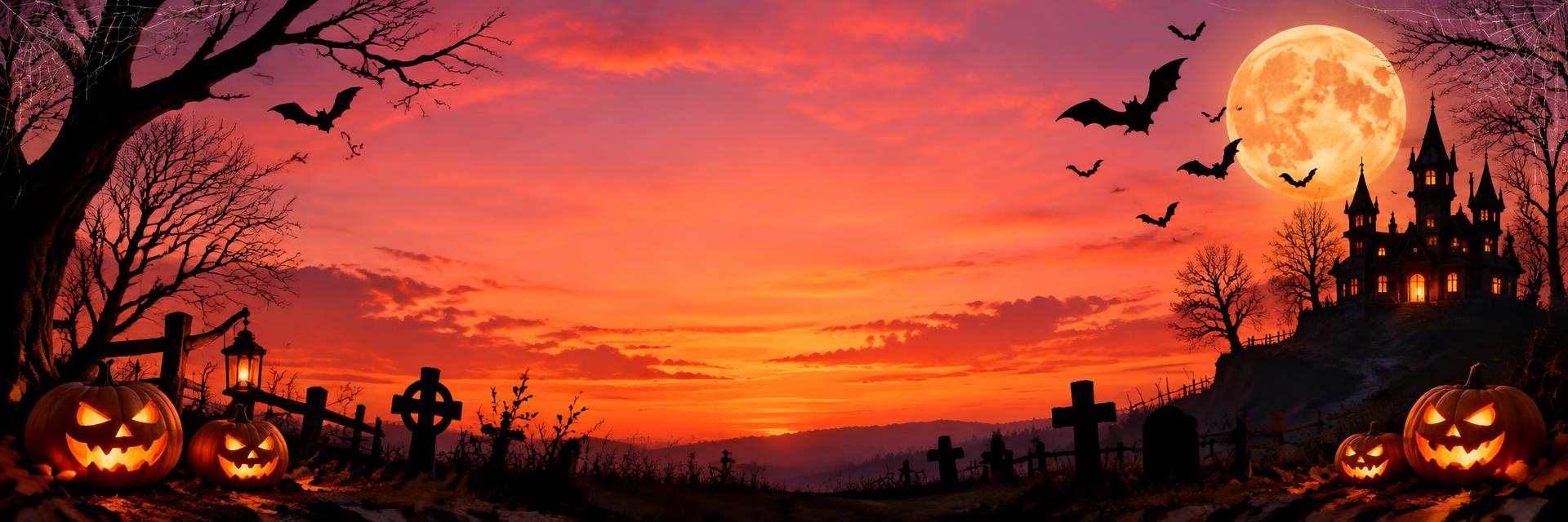 Halloween sunset with bats, pumpkins, a full moon and a haunted house silhouette