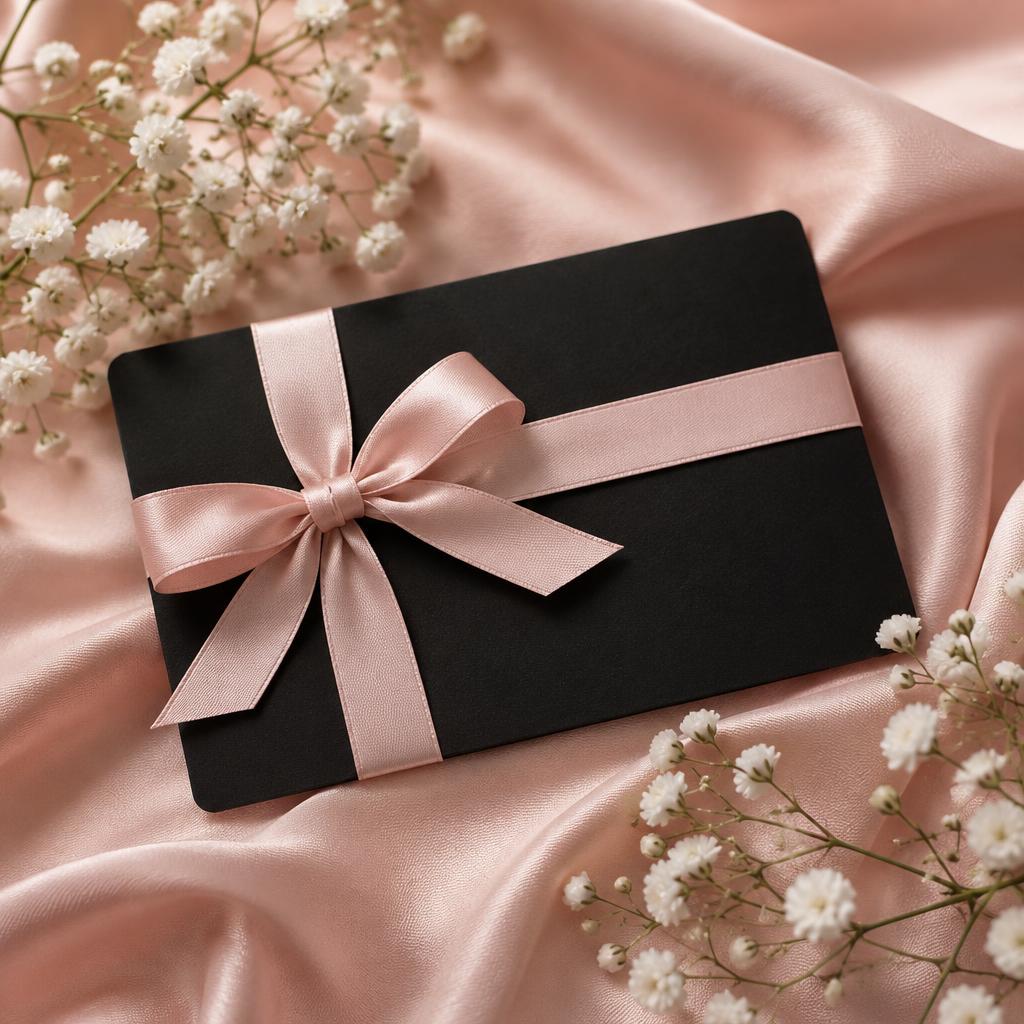 Black gift card with a pink satin ribbon on blush fabric